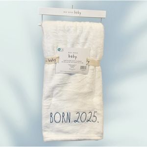 Rae Dunn BORN 2025 Soft Plush White & Blue Baby Blanket NEW!!